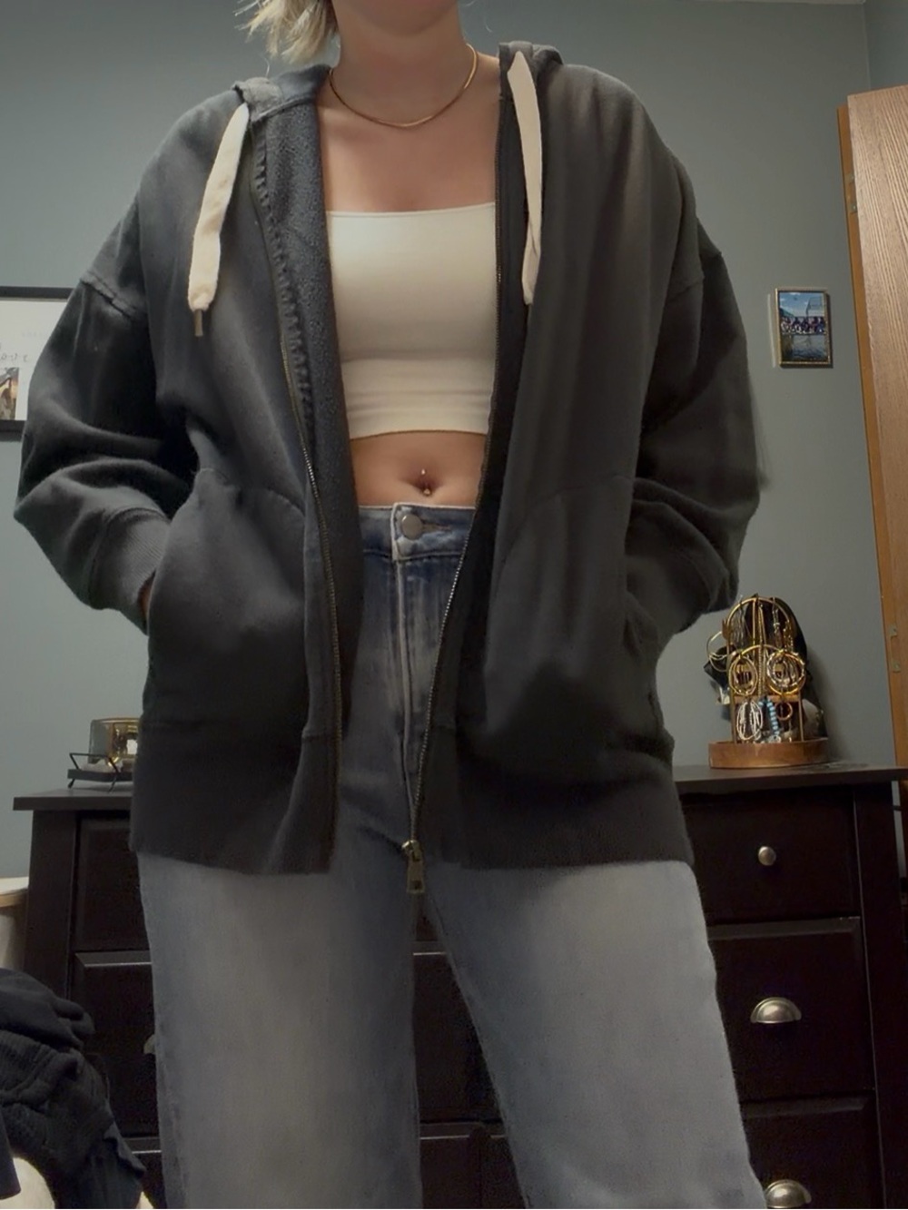 American Eagle Outfitters Black Zip Hoodie with Cream Drawstrings